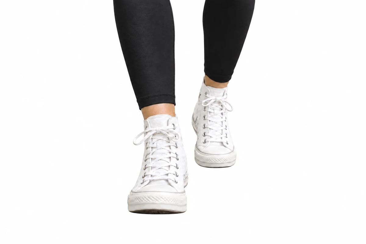Wandelende voeten in witte sneakers op een pad.